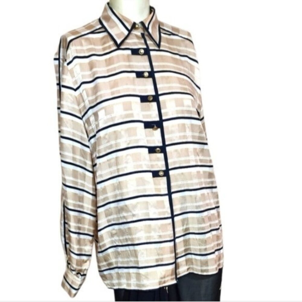 Joseph Abboud Vintage 80s Brown and Black Silk Blend Casual Bu Blouse